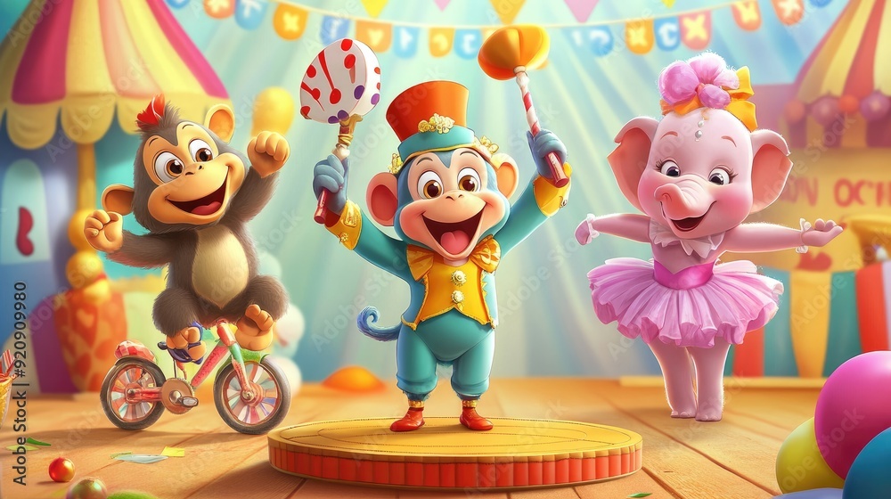Charming cartoon circus featuring a monkey magician, a clown on a unicycle, and a playful elephant in a tutu Charming cartoon circus featuring a monkey magician, a clown on a unicycle, and a playful elephant in a tutu