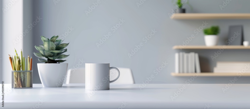 Blurred empty white desk with book shelf and office supplies in the background, a panoramic banner