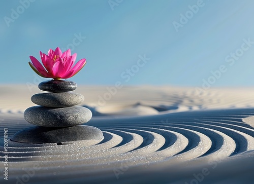Pink Water Lily on Stacked Stones in Zen Garden