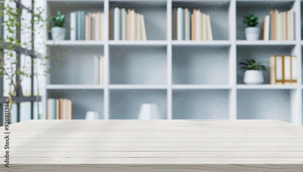 Blurred empty white wooden table with bookcase interior design background for product display montage Blurred empty white wooden table with bookcase interior design background for product display montage