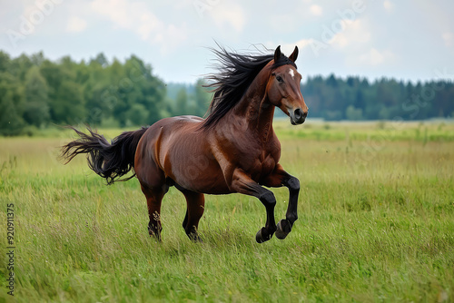 A magnificent horse gallops freely across an open field, showcasing grace and power amidst nature's beauty and tranquility.