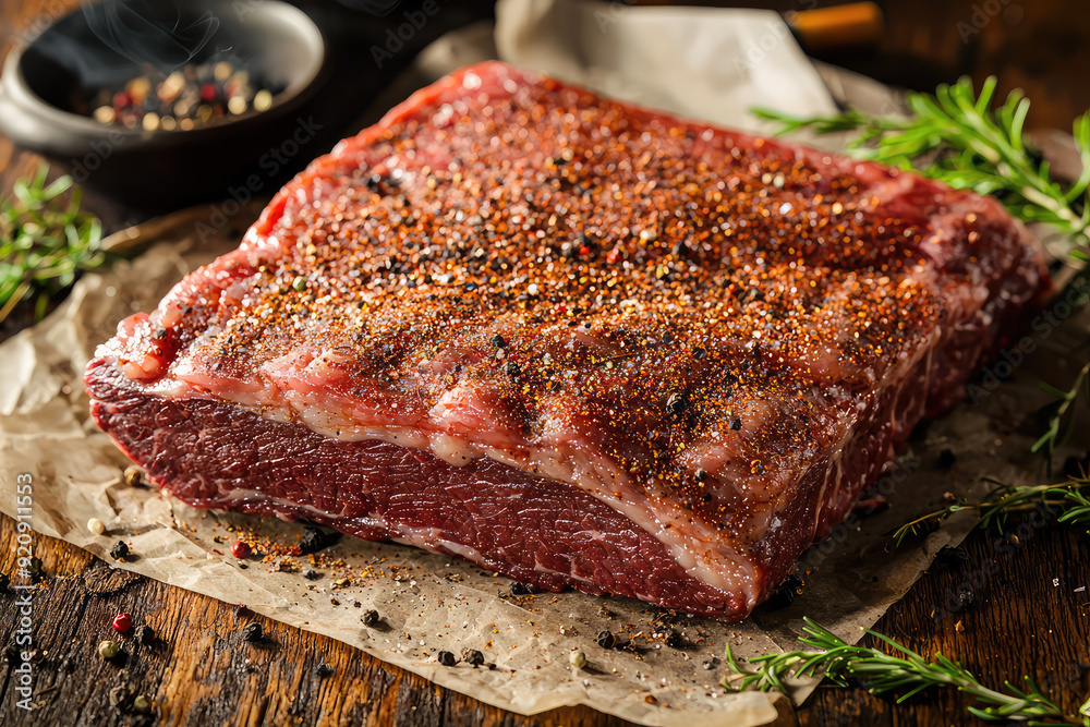 Deliciously Seasoned Brisket Ready for Cooking – A Feast for the Eyes with Rich Flavors and Aromas Awaiting You! Deliciously Seasoned Brisket Ready for Cooking – A Feast for the Eyes with Rich Flavors and Aromas Awaiting You!