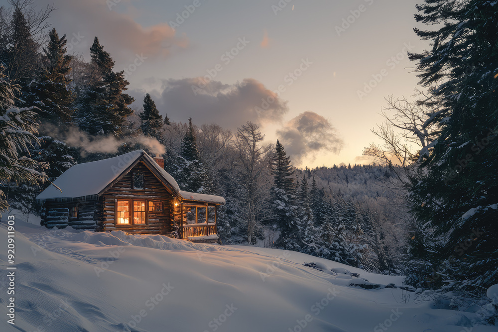 A rustic cabin illuminated at dusk, surrounded by pristine snow and towering pines, offers a peaceful winter retreat. A rustic cabin illuminated at dusk, surrounded by pristine snow and towering pines, offers a peaceful winter retreat.