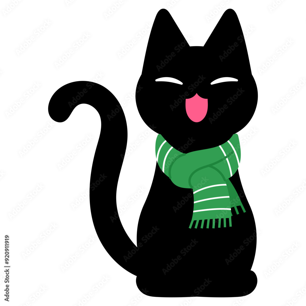 funny black cat is wearing green scarf and meowing illustrations funny black cat is wearing green scarf and meowing illustrations