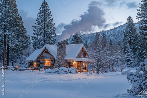 A cozy winter cabin emits a warm glow, nestled among snow-laden trees against a twilight backdrop, inviting tranquility and comfort. photo