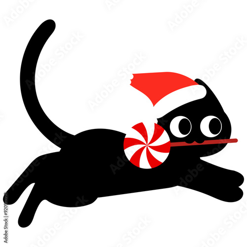 funny black cat is wearing santa hat and holding sugar candy in its mouth, it run away  illustrations 