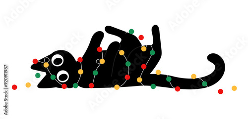 funny black cat is cover with messy christmas light on itself illustrations 