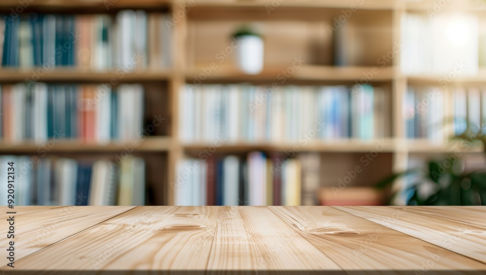 Blurred light on a wooden table with bookshelves in the background for product display, presentation Blurred light on a wooden table with bookshelves in the background for product display, presentation