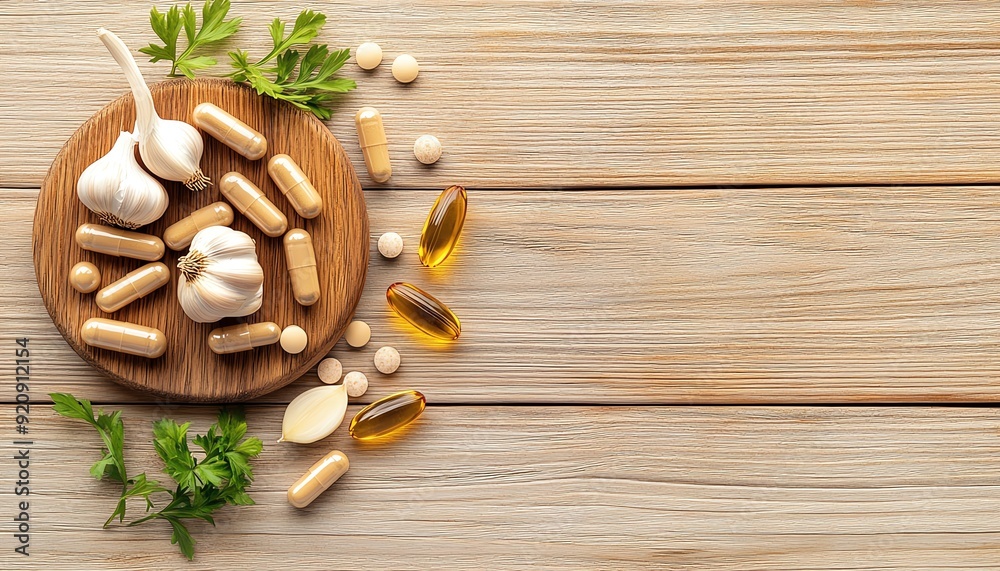 Assortment of dietary supplements with garlic and herbs on a wooden board, promoting health and wellness. Assortment of dietary supplements with garlic and herbs on a wooden board, promoting health and wellness.