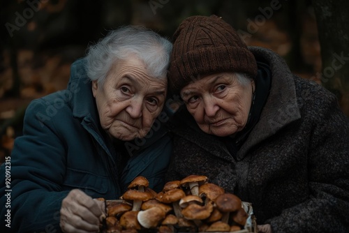 Two elderly women holding a container full of mushrooms, sitting closely together in a forest setting, symbolizing their bond and shared appreciation for nature’s bounty. photo