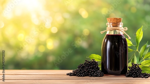 Elegant bottle of dark vinegar with blackcurrants and fresh leaves, set against a soft, illuminated nature background.