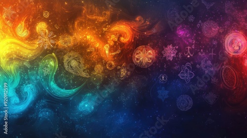 Colorful abstract background with interspersed religious symbols, conveying a sense of global spiritual connection