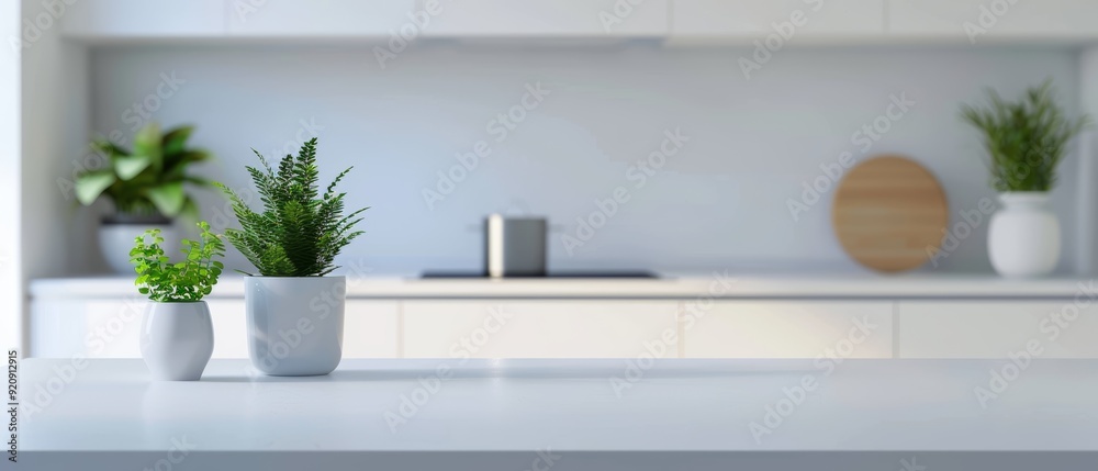 Blurred white kitchen interior with empty countertop for product display, blurred background Blurred white kitchen interior with empty countertop for product display, blurred background
