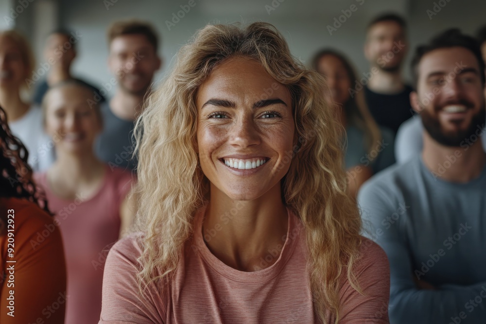 Obraz premium A woman with curly hair is smiling brightly amidst a group of people. Her smile is warm and inviting, suggesting a positive and vibrant group dynamic, full of energy.
