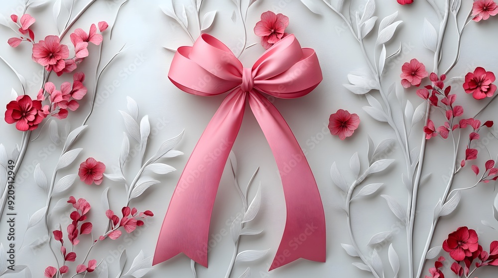 Detailed vector image of a pink ribbon with flowers and leaves, depicted in 3D animation style, on a white backdrop featuring hand-drawn plants.