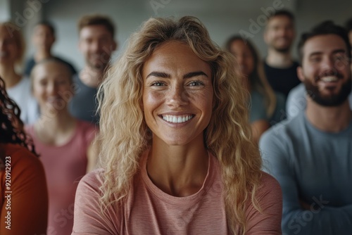 A woman with curly hair is smiling brightly amidst a group of people. Her smile is warm and inviting, suggesting a positive and vibrant group dynamic, full of energy.