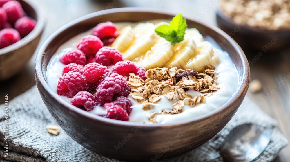 Close-up of a healthy breakfast bowl filled with fruits, granola, and yogurt, set on a rustic wooden table, capturing a wholesome and appetizing morning meal. Close-up of a healthy breakfast bowl filled with fruits, granola, and yogurt, set on a rustic wooden table, capturing a wholesome and appetizing morning meal.