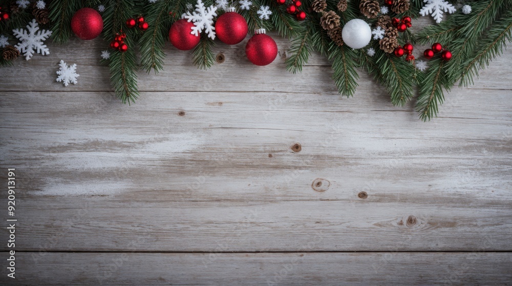 Christmas embellishments adorning a snowy wood setting Christmas embellishments adorning a snowy wood setting