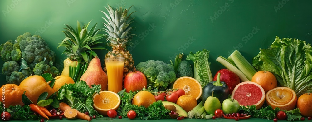 Assortment of Fresh Fruits and Vegetables with a Glass of Orange Juice Assortment of Fresh Fruits and Vegetables with a Glass of Orange Juice