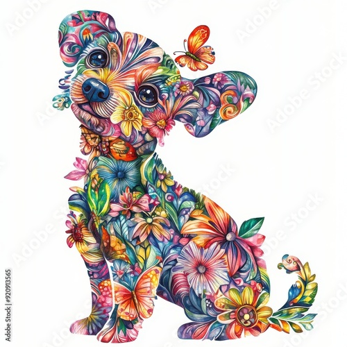 a full body watercolour illustration of a Chiweenie dog, which is tattooed all over with a dense bright floral design including colourful butterflies on a white background  photo