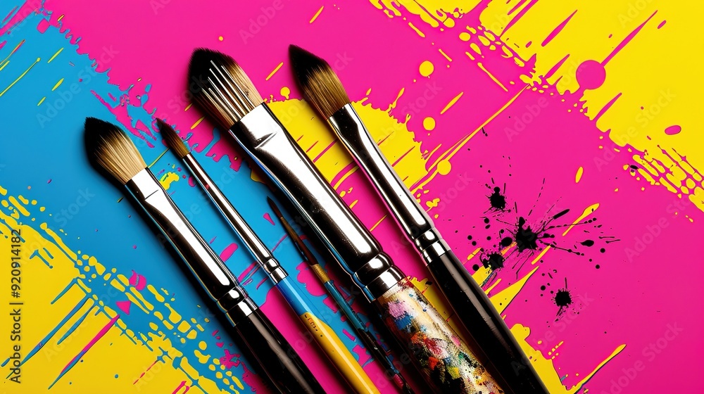Obraz premium Artistic Tools Pop Art Composition - Colorful Illustration of Painter's Supplies in Graphic Style