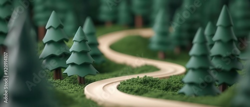 Dirt road winding through pine forest, rugged and wild photo