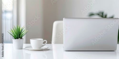 Blurred white background with laptop and coffee cup on table in a modern home office interior