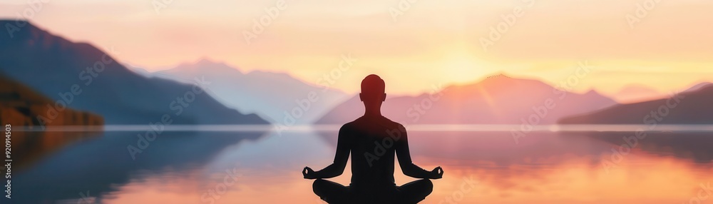 Person meditating by a tranquil lake at dawn, inner peace and freedom, serene solitude Person meditating by a tranquil lake at dawn, inner peace and freedom, serene solitude