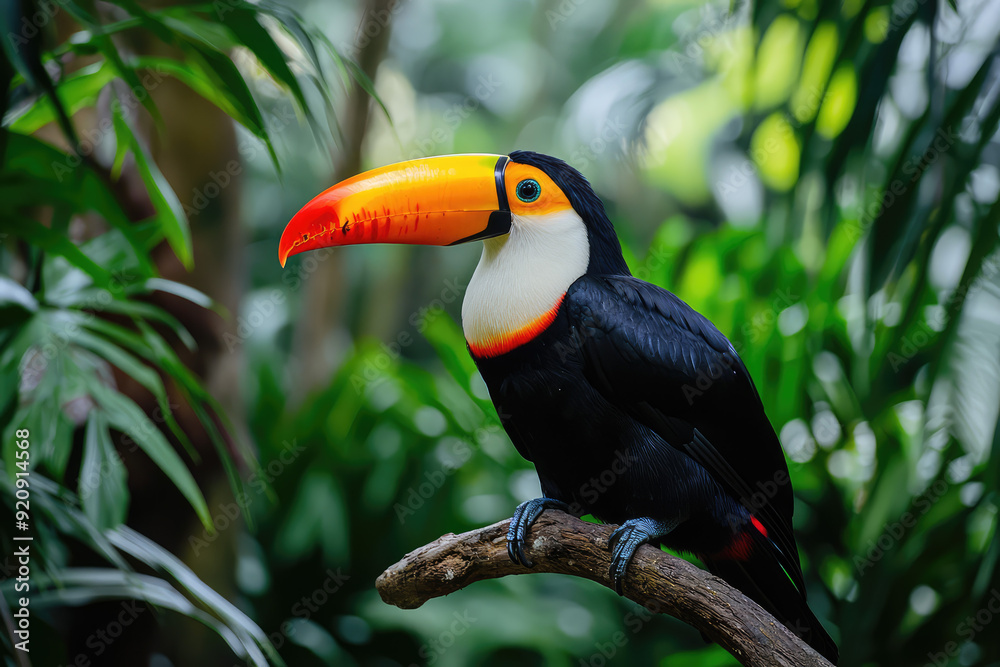 A stunning toucan showcases its vibrant plumage, perched elegantly amidst lush foliage of a tropical paradise's greenery. A stunning toucan showcases its vibrant plumage, perched elegantly amidst lush foliage of a tropical paradise's greenery.