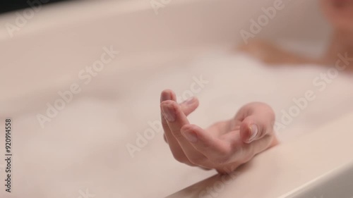 Wallpaper Mural Calm Caucasian woman girl lady rest in foamy spa bathtub beauty procedure moisturize shower gel foam female relaxing in home bathroom bathing enjoy bath play with soapy balls bubble blower warm water Torontodigital.ca