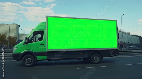 Green screen billboard on a mini van traveling on a highway, ready for marketing content targeting consumers and commuters on the go.