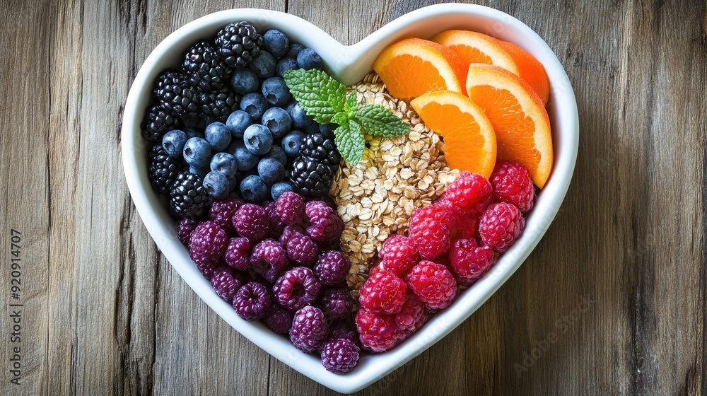 Heart-shaped bowl filled with a vibrant mix of fruits, veggies, and whole grains, creating a visually appealing and health-focused image. Heart-shaped bowl filled with a vibrant mix of fruits, veggies, and whole grains, creating a visually appealing and health-focused image.