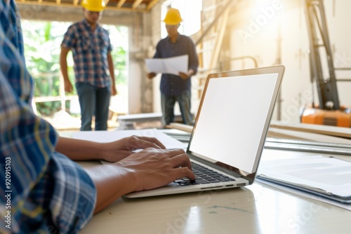hands typing on a laptop with a blank white screen sitting at a table in front. Construction workers standing