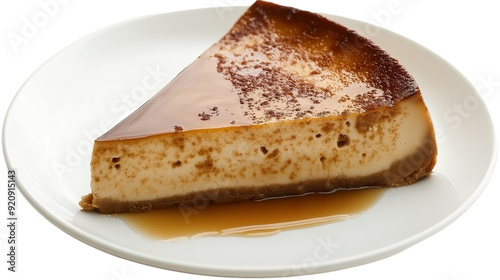 Delicious slice of creamy caramel flan on a white plate, featuring a glossy caramel layer and a golden crust.