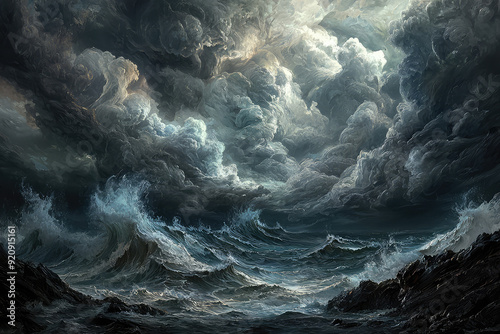 Dark Swirling Clouds Gather Over a Turbulent Sea, Foreboding Nature's Wild and Untamed Power in a Striking Display. photo