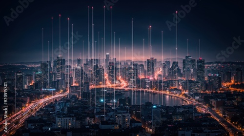 Wallpaper Mural Cityscape illuminated with digital lines as dusk descends Torontodigital.ca