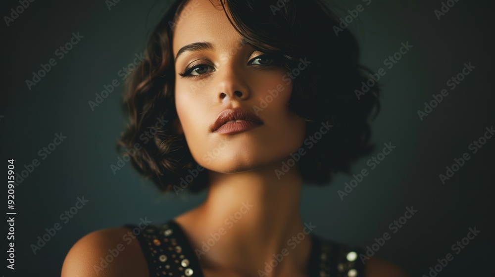 Fototapeta premium Vintage-inspired model in a 1920s flapper dress, art deco backdrop, nostalgic elegance 