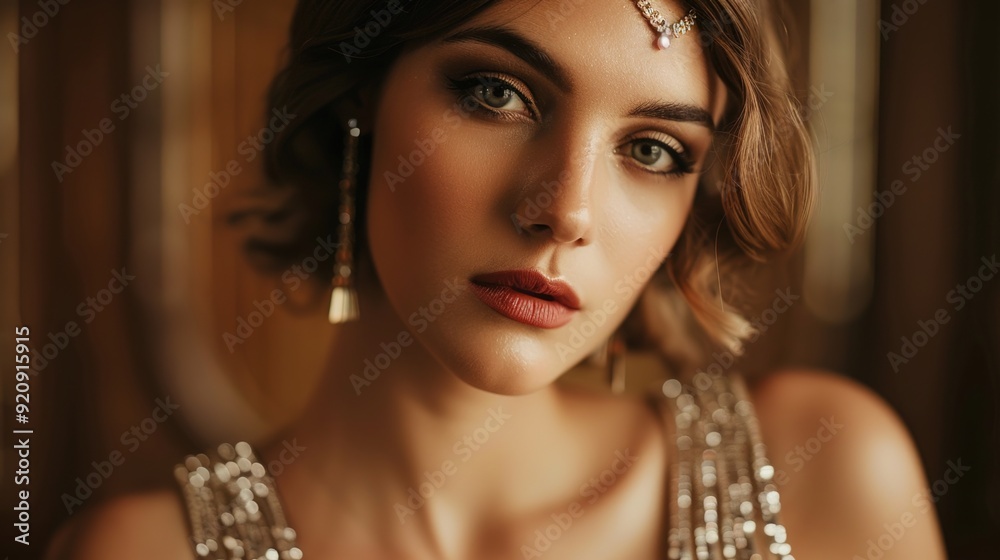 Obraz premium Glamorous Vintage-Inspired Model in 1920s Flapper Dress with Art Deco Backdrop Exuding Nostalgic Elegance