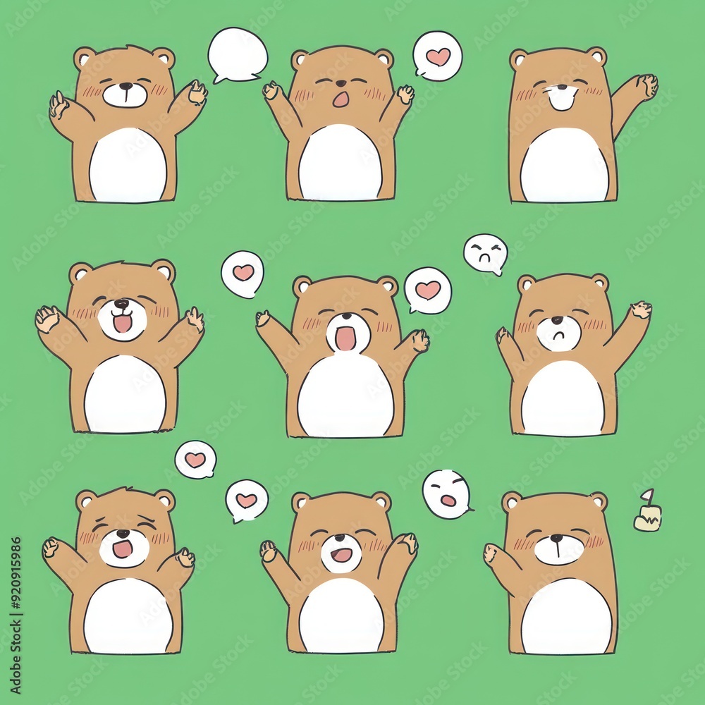 Nine cartoon brown bears with different emotions and speech bubbles. Nine cartoon brown bears with different emotions and speech bubbles.