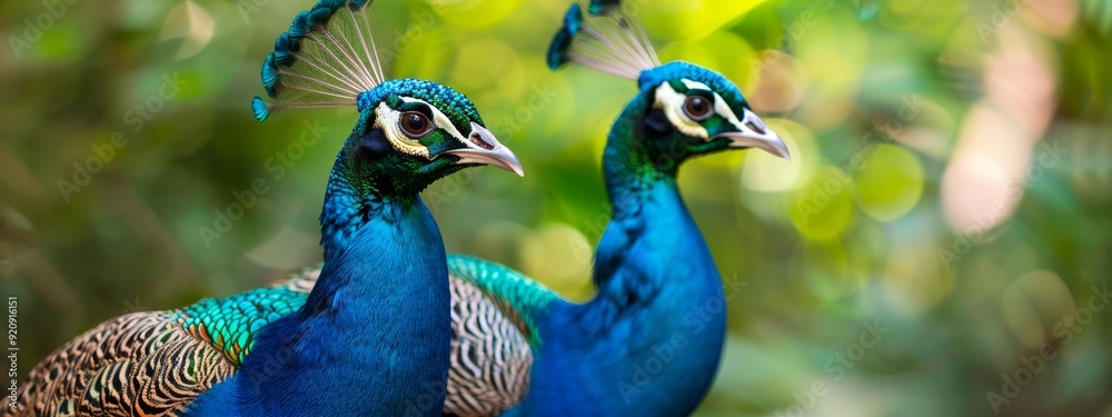 Two peacocks adjacent, before green foliage and trees Two peacocks adjacent, before green foliage and trees