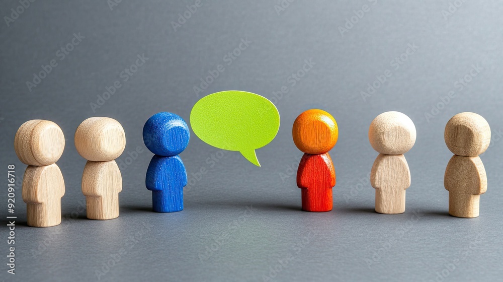 Obraz premium Colorful wooden toy figures display speech bubbles, representing interactive communication and collaboration in a modern social media environment