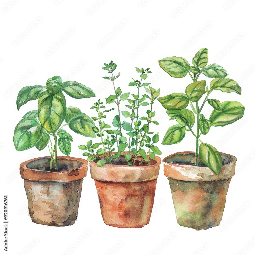 Hand-Drawn Watercolor Kitchen Herbs in Pots on White Background Hand-Drawn Watercolor Kitchen Herbs in Pots on White Background