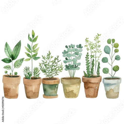 Hand-drawn Watercolor Kitchen Herbs in Pots, Fresh and Organic Green Ingredients