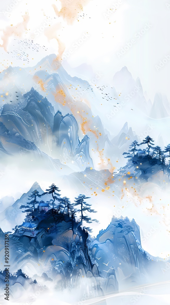 Obraz premium Chinese landscape ink illustration poster background