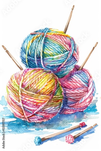 Handmade Knitting Concept. Watercolor Illustration of Yarn Balls and Knitting Needles on White Background