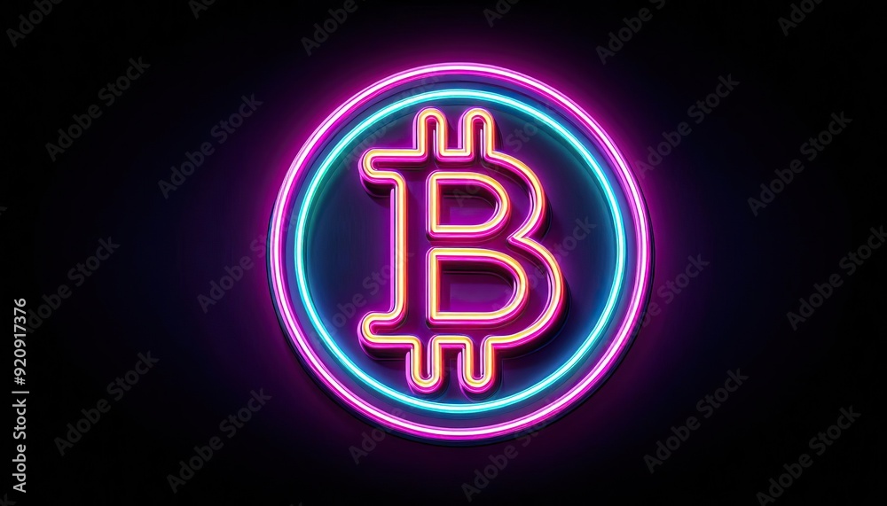 Neon bitcoin logo in pink and blue Circle shape Purple brick wall background Cyberpunk style Digital art Neon bitcoin logo in pink and blue Circle shape Purple brick wall background Cyberpunk style Digital art