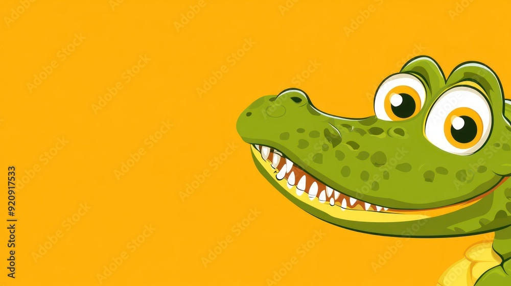 Obraz premium Cartoon crocodile face with big eyes and teeth on a yellow background.
