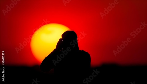 A silhouette of a photographer against a vibrant sunset