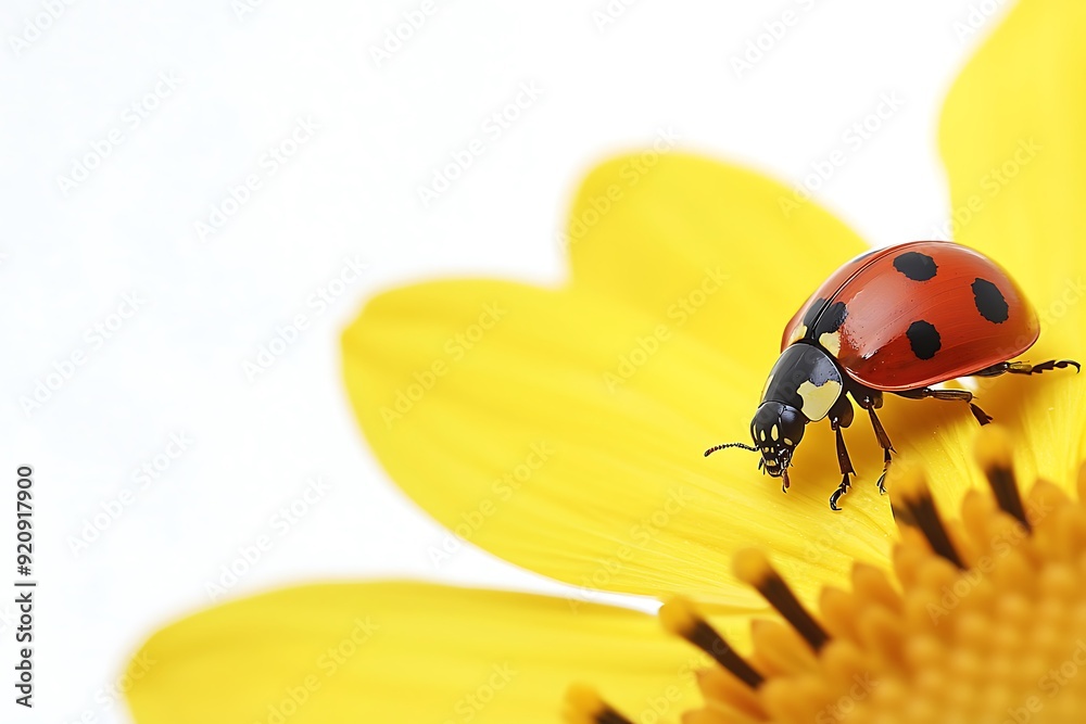 Fototapeta premium Close-up of a ladybug crawling on a yellow flower petal.