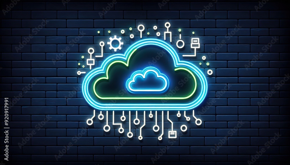 Neon cloud computing icon with circuit board patterns Dark blue brick ...